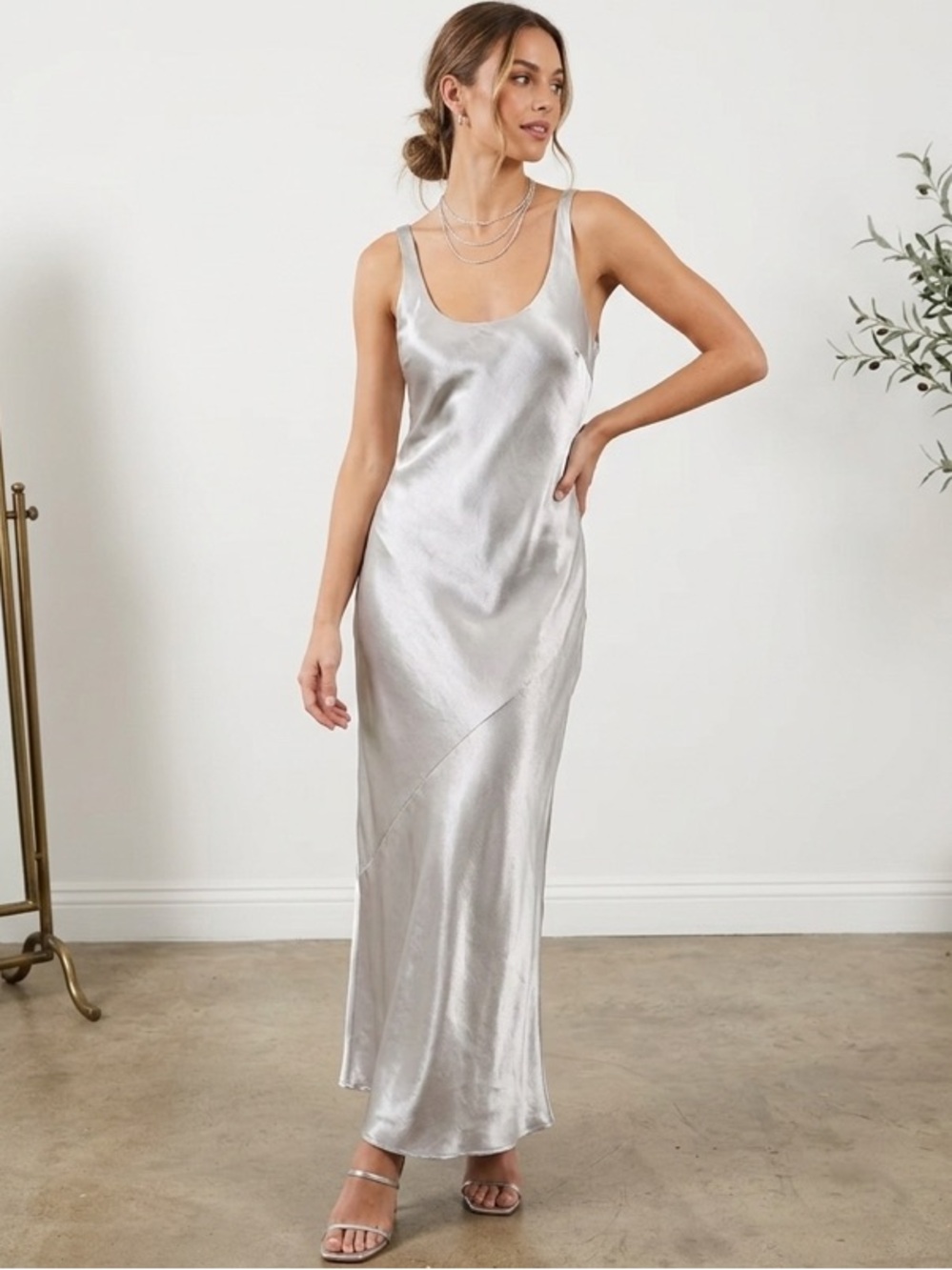 12th Tribe Mirabella Steele Satin Maxi Dress - Silver Metallic - Size XL